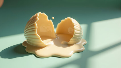Creamy shell broken liquid spilling smooth texture pastel colors artistic presentation minimalistic design soft light
