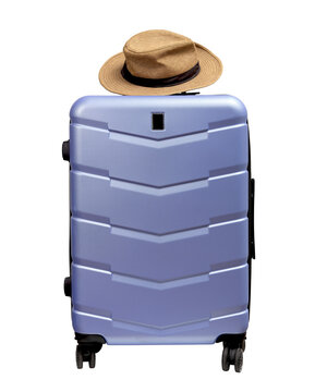Summer hat on large wheeled suitcase. Brimmed sunhat on top of trolley bag, holiday travel. Closed
