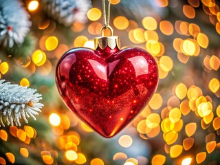 Sparkling red heart christmas ornament hanging on a decorated tree with festive bokeh lights