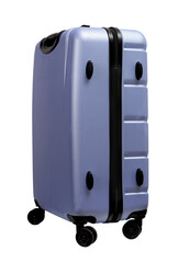 Angled view, large wheeled suitcase. Closed polycarbonate hardshell container designed for airport