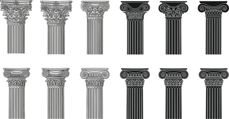 Classical column capitals, Corinthian, Ionic, Composite, architectural styles, ancient design, black and white, ornate details, scroll volutes, acanthus leaves, column grid, silhouette illustration