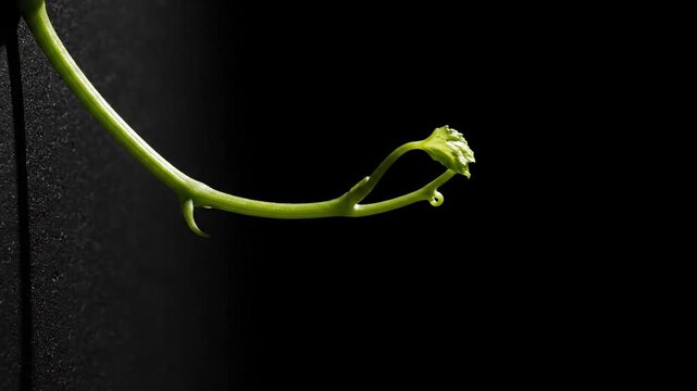 Close-up of a vibrant green plant vine against a dark black background with dramatic lighting showcasing nature's simplicity, growth, and beauty.