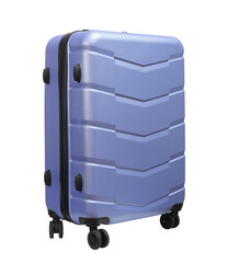 Angled view of a modern wheeled hardcase suitcase. Polycarbonate hardshell bag designed for business
