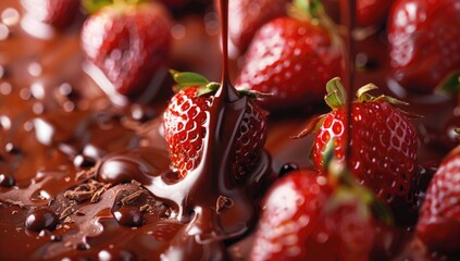 Close-up of glossy chocolate being poured over ripe strawberries, creating a rich dessert