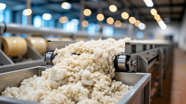 raw wool moving on an industrial conveyor inside a textile factory, showing material processing, manufacturing workflow and modern production environment