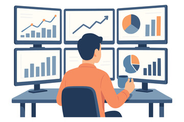Business analyst sitting at desk looking at multiple screens with charts and graphs for data analysis flat vector illustration