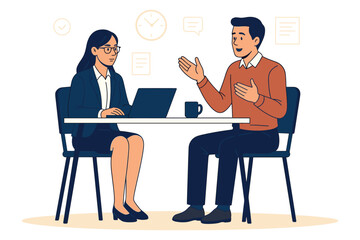 Business man and woman sitting at table talking during office meeting with laptop and coffee flat vector illustration