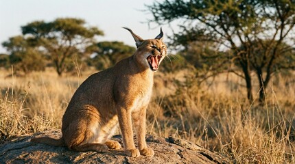 Naklejka premium Caracal Yawning(あくびをするカラカル)