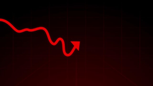 Red arrow is making downfall on a red background. Developing company failure, decreasing business bar chart, Bad Economy Recession, Economic crisis, Profit down