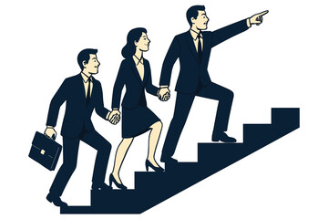Business team climbing steps together with leader showing direction for success and career growth flat vector illustration