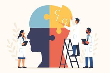 Doctors working together to solve human mind puzzle showing psychology thinking teamwork and problem solving concept flat vector illustration
