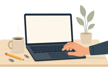Hand using laptop on office desk with coffee cup pencil and plant showing modern workspace and remote work setup flat vector illustration