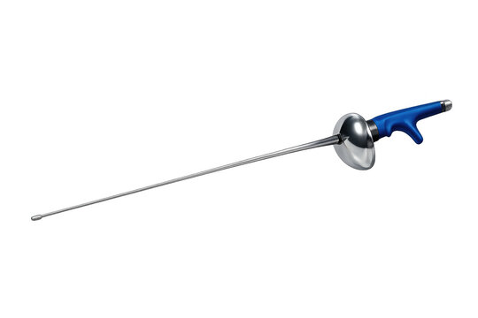 Fencing epee with blue pistol grip and metal blade on transparent background, symbolizing sport competition and dueling