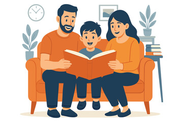 Happy family sitting on sofa reading book together at home showing bonding and learning flat vector illustration
