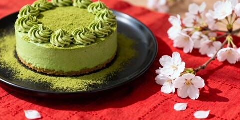 Matcha whole cake and cherry blossoms