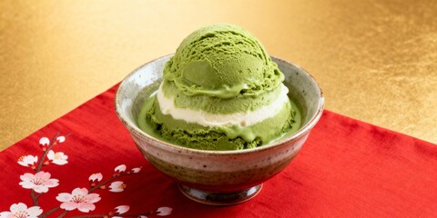 A ceramic bowl filled with matcha ice cream