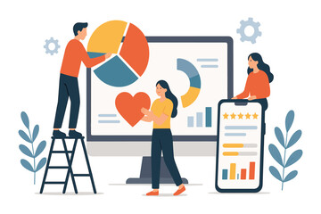 People analyzing customer feedback data with charts ratings and heart symbol showing satisfaction review and business improvement flat vector illustration