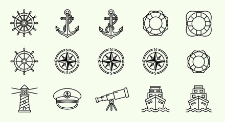 Nautical Icon Set Vector – Anchor, Compass, Ship, Lighthouse, Lifebuoy Silhouettes © NajmulHussain