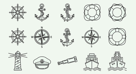 Nautical Icon Set Vector – Anchor, Compass, Ship, Lighthouse, Lifebuoy Silhouettes © NajmulHussain
