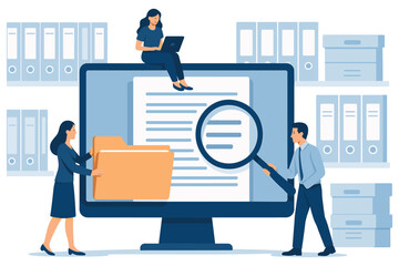 People working on digital documents on computer screen showing office file management and document workflow flat vector illustration
