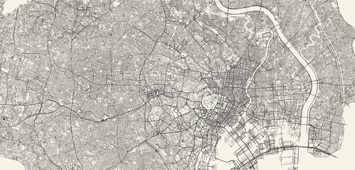 City street and transportation map of Tokyo, Japan, in black and light beige. High resolution full frame minimalist poster style road map or urban street plan of Tokyo. Vintage look. © tuomaslehtinen