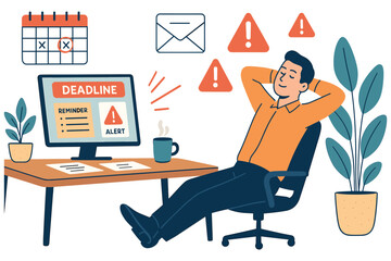 Relaxed man sitting at office desk with computer reminders and alerts showing calm attitude toward deadlines flat vector illustration
