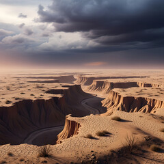 A vast desert landscape under a dramatic stormy sky, showcasing rugged canyons and a winding dry riverbed, evoking a sense of desolation and natural power