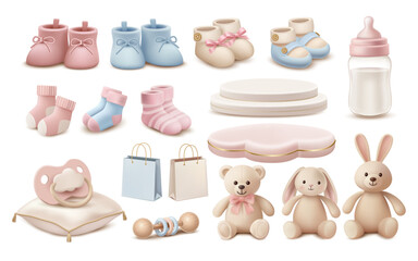 Baby essentials original product set in realistic 3D style