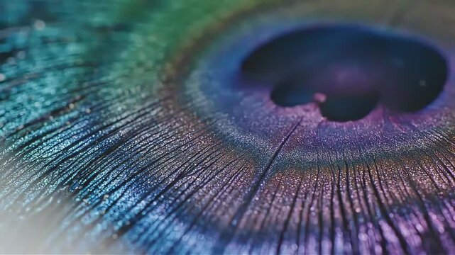 Stunning close-up of a vibrant peacock feather showcasing iridescent blues greens and purples a mesmerizing display of natural beauty and intricate detail for design projects
