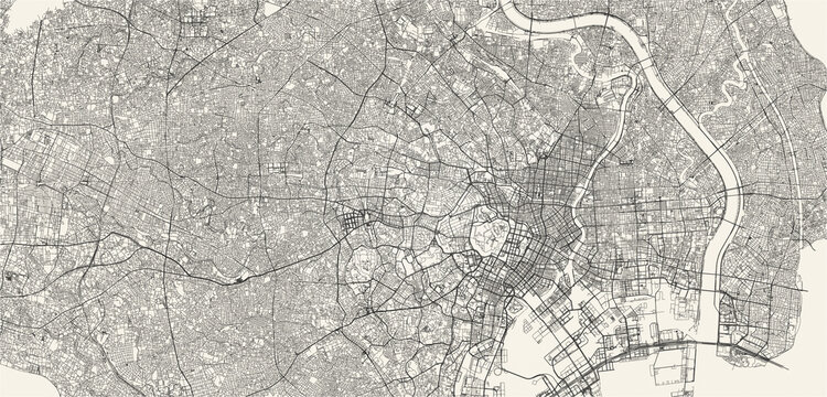 City street and transportation map of Tokyo, Japan, in black and light beige. High resolution full frame minimalist poster style road map or urban street plan of Tokyo. Vintage look.