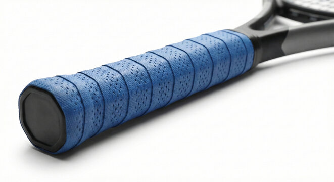 Blue textured tennis racket overgrip on handle isolated on white background