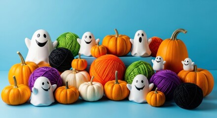 Fototapeta premium A Halloween scene with ghosts, pumpkins, and colorful yarn balls