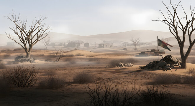 Eerie quiet descends upon a barren desert battlefield, where skeletal trees and a faded flag bear witness to the harsh realities of a remote, forgotten outpost