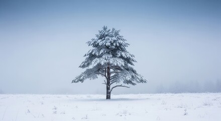 Fototapeta premium A snow-covered evergreen tree stands alone in a wintry field