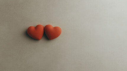 Fototapeta premium Two red hearts on neutral background with copy space