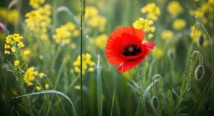 Obraz premium A vibrant red poppy blooms amidst dewy green grass and yellow flowers