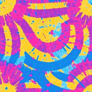 Vibrant tie dye seamless pattern with neon concentric circles. Retro 60s style abstract background.