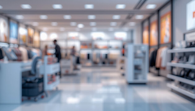 A blurred view of a modern retail store with sleek interior design and various products on display
