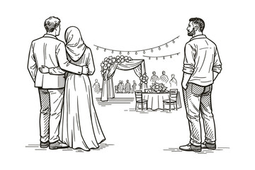 Couple in Wedding Ceremony with Guests, Man Watching, Muslim Bride, Vector Illustration