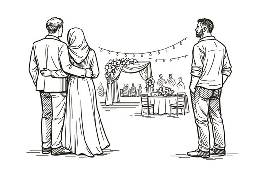 Couple in Wedding Ceremony with Guests, Man Watching, Muslim Bride, Vector Illustration