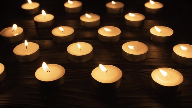 Many burning candles on dark black background