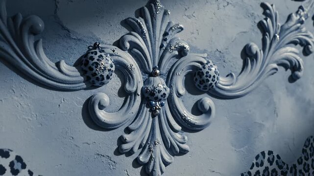 Close-Up of Ornate Decorative Plasterwork With Glitter Accents and Leopard Print Elements