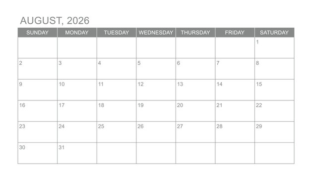 Classic monthly calendar for 2026. week starts on sunday. simple august 2026 calendar template. new monthly planner design