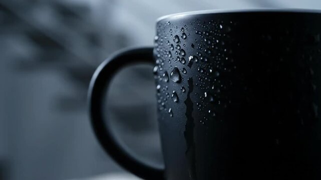 Close-up of black mug covered in condensation droplets on surface