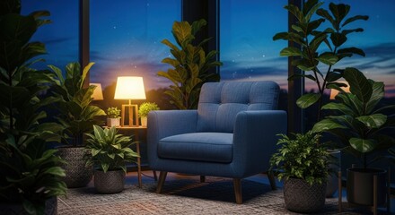 Fototapeta premium Cozy indoor space with an armchair surrounded by potted plants at dusk