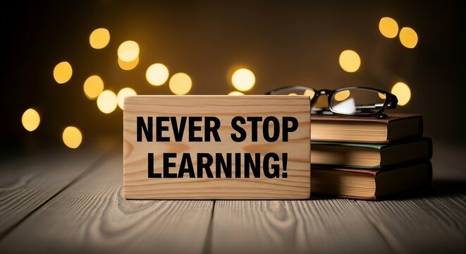 Inspiring 'never stop learning' quote on wooden block with books and warm bokeh.