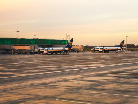 Stanstead, UK - Friday 28th November 2025: Ryanair jets at Stanstead airport waiting to load passengers 