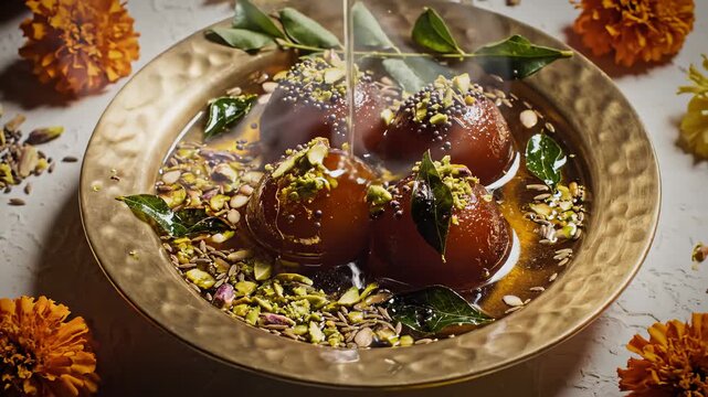 Gourmet Gulab Jamun Dessert With Pistachios and Saffron Syrup, Garnished With Marigold Flowers