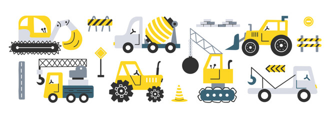 Cute construction vehicles set with excavator, crane, cement mixer, tractor, bulldozet. Building machines for kids illustration. Flat vector illustration isolated on white background.