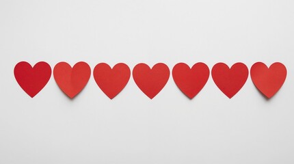 Seven red paper hearts arranged in a straight line on gray. Each heart casts a soft shadow, forming a neat and minimalist visual arrangement.